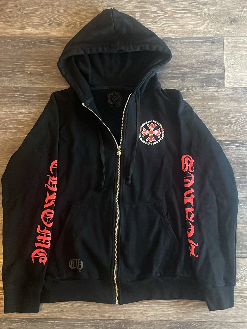 Black and red chrome hearts cross zip up